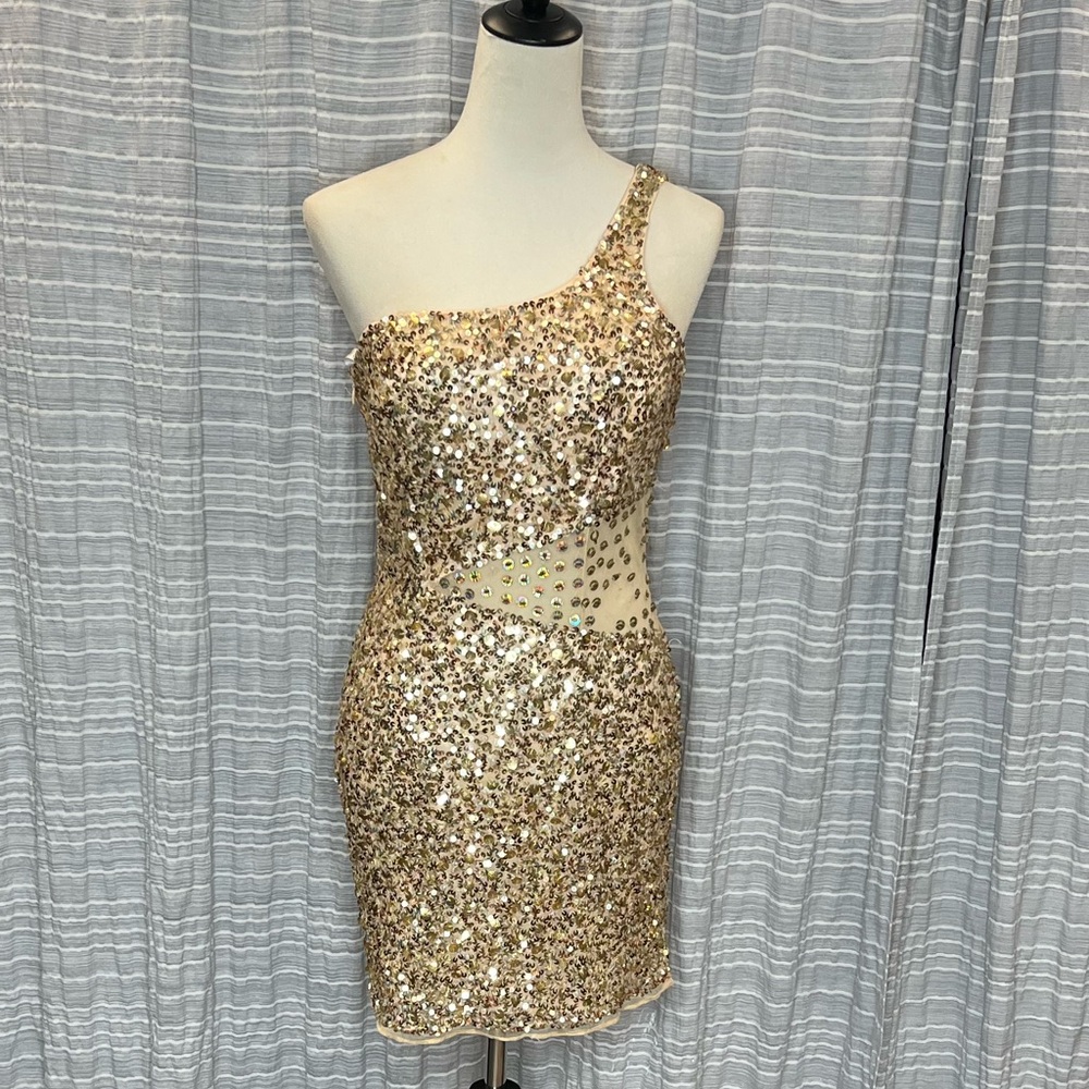 Primavera Couture Gold Sequin One-Shoulder Mini Dress